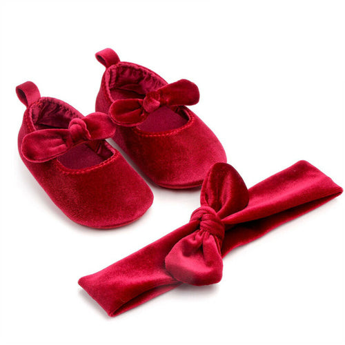 Cute Newborn Baby Girl Gold Velvet Toddler First Walkers Kid Shoes+Hairband  Soft Sole Shoes Prewalker