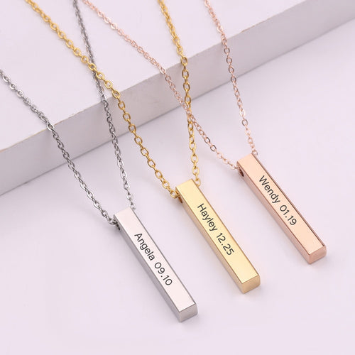 customize necklace Four Sides Engraving Personalized Square 3D Bar Custom Name Necklace Stainless Steel Pendant Women/Men Gifts