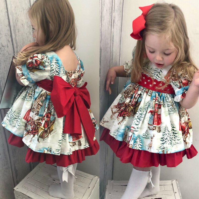 Christmas Toddler Kid Baby Girl Tutu Dress Princess Red Bow Party Birthday Dress Lace Dress Children Clothes Xmas Costumes