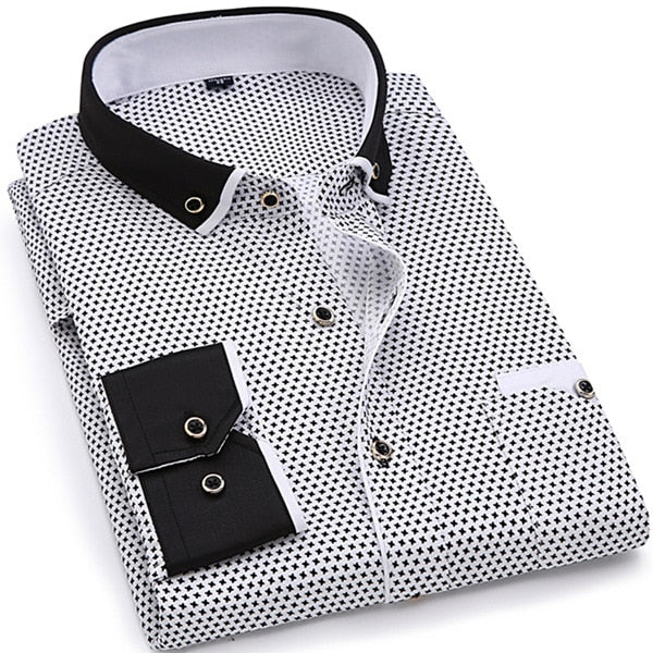 Print Casual Men Long Sleeve Shirt Stitching Fashion Pocket Design Fabric Soft Comfortable Men Dress Slim Fit