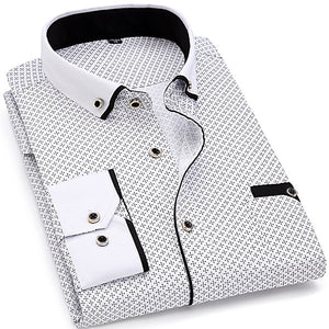 Print Casual Men Long Sleeve Shirt Stitching Fashion Pocket Design Fabric Soft Comfortable Men Dress Slim Fit