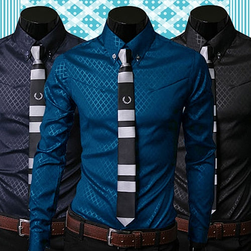 Men Argyle Luxury Business Style Slim Fit Long Sleeve Casual Dress Shirt