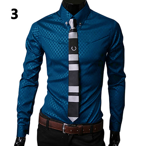 Men Argyle Luxury Business Style Slim Fit Long Sleeve Casual Dress Shirt