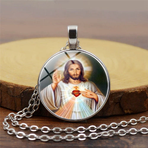 Blessed Virgin Mary Mother of Baby Necklace Jesus Christ Christian Pendant Catholic Religious Glass Tile Necklaces Pendants