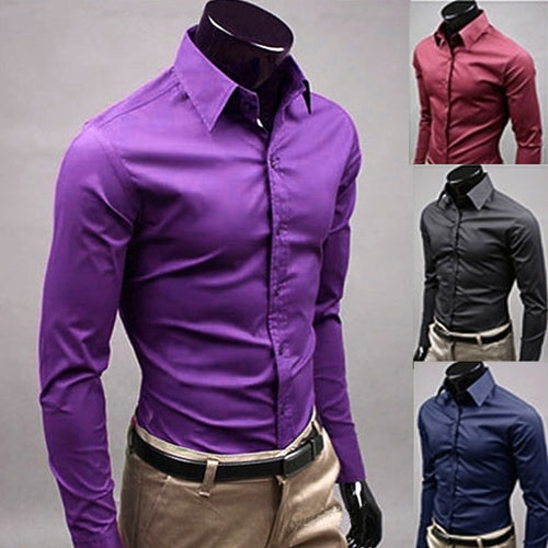 Men 's Fashion Candy Color Long - sleeved Slim Business Casual Shirt