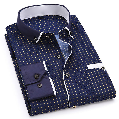 Print Casual Men Long Sleeve Shirt Stitching Fashion Pocket Design Fabric Soft Comfortable Men Dress Slim Fit